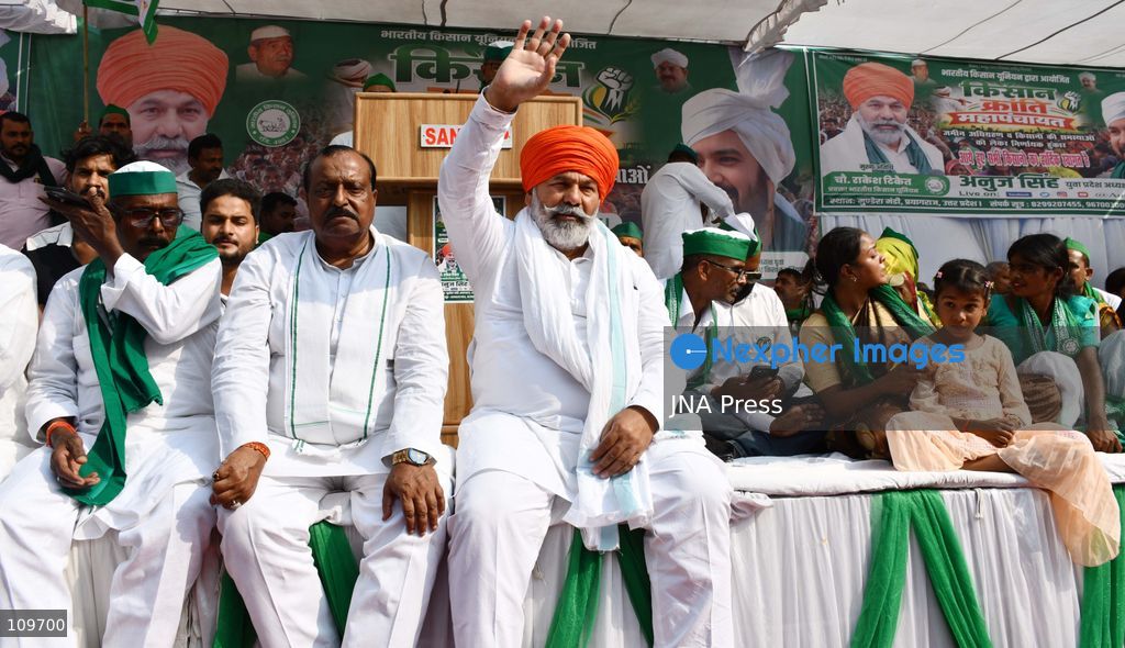 PRAYAGRAJ, INDIA, OCTOBER 26, 2026: Rakesh Tikait, national spokesperson of the Bharatiya Kisan Union (BKU), joins farmers during a Kisan Mahapanchayat gathering at Mundera Mandi in Prayagraj, Uttar Pradesh. Participants demand fair crop prices, adequate agricultural supplies and fair compensation for land acquired for development projects. (Photo by Saurabh Kumar/JNA Press via Nexpher Images)