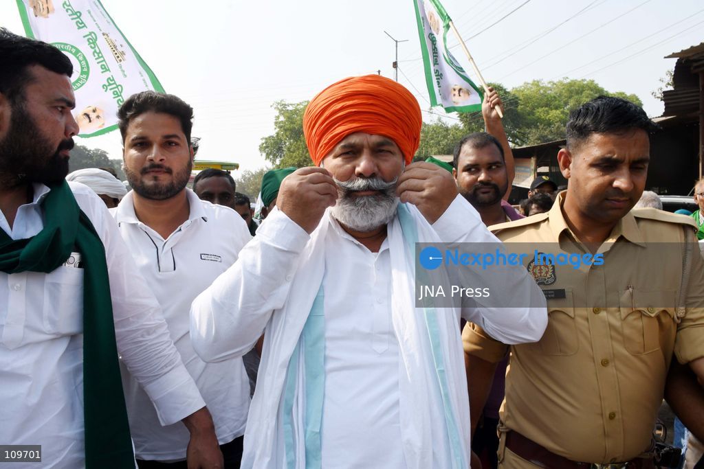 PRAYAGRAJ, INDIA, OCTOBER 26, 2026: Rakesh Tikait, national spokesperson of the Bharatiya Kisan Union (BKU), joins farmers during a Kisan Mahapanchayat gathering at Mundera Mandi in Prayagraj, Uttar Pradesh. Participants demand fair crop prices, adequate agricultural supplies and fair compensation for land acquired for development projects. (Photo by Saurabh Kumar/JNA Press via Nexpher Images)