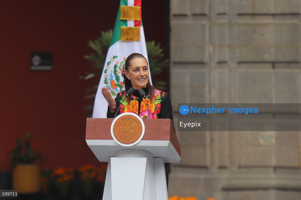 Mexico’s President Claudia Sheinbaum Pardo speaks during the presentation of the first National School Choir Contest (Primer Concurso Nacional de Coros Escolares) inside the Main Patio at the National Palace on October 26, 2026 in Mexico City, Mexico. (Photo by Carlos Santiago/ Eyepix Group/Eyepix via Nexpher Images)