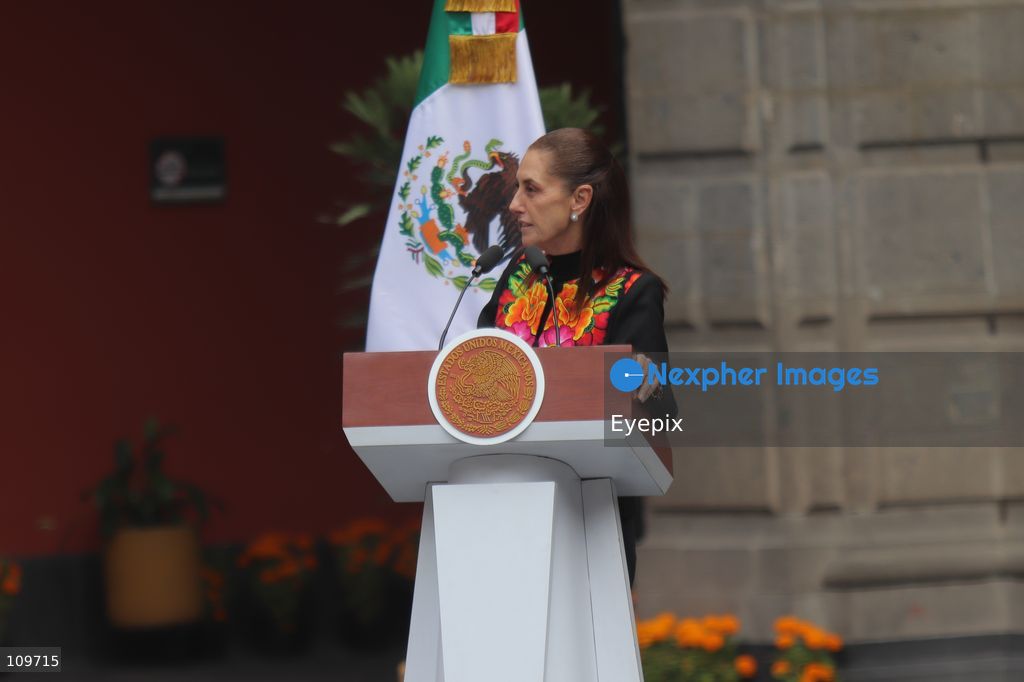 Mexico’s President Claudia Sheinbaum Pardo speaks during the presentation of the first National School Choir Contest (Primer Concurso Nacional de Coros Escolares) inside the Main Patio at the National Palace on October 26, 2026 in Mexico City, Mexico. (Photo by Carlos Santiago/ Eyepix Group/Eyepix via Nexpher Images)