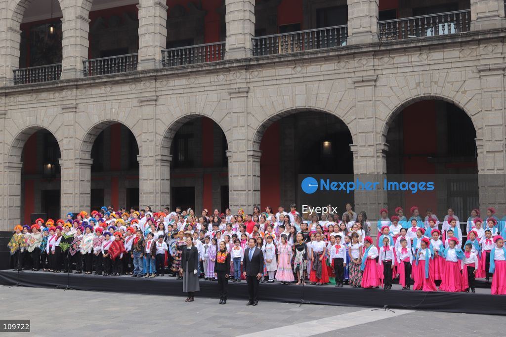 (L-R) Secretary of Culture Claudia Curiel de Icaza, Mexican President Claudia Sheinbaum and Secretary of Public Education Mario Delgado attend the presentation of the first National School Choir Contest (Primer Concurso Nacional de Coros Escolares) inside the Main Patio at the National Palace on October 26, 2026 in Mexico City, Mexico. (Photo by Carlos Santiago/ Eyepix Group/Eyepix via Nexpher Images)