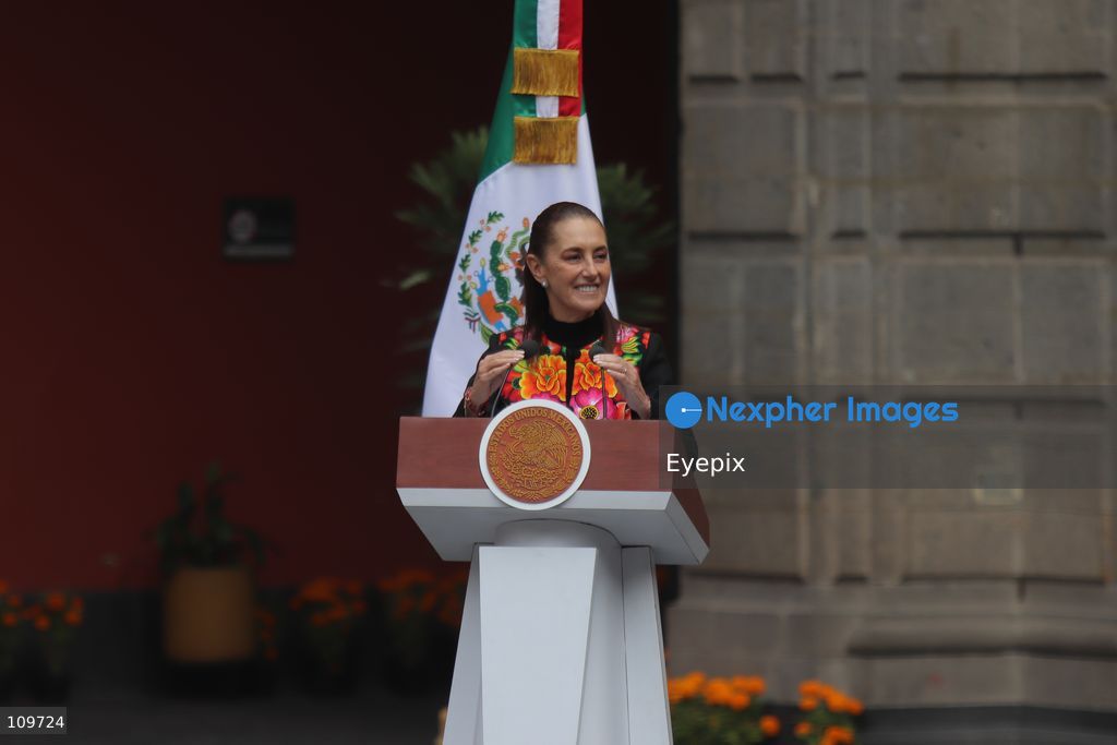 Mexico’s President Claudia Sheinbaum Pardo speaks during the presentation of the first National School Choir Contest (Primer Concurso Nacional de Coros Escolares) inside the Main Patio at the National Palace on October 26, 2026 in Mexico City, Mexico. (Photo by Carlos Santiago/ Eyepix Group/Eyepix via Nexpher Images)