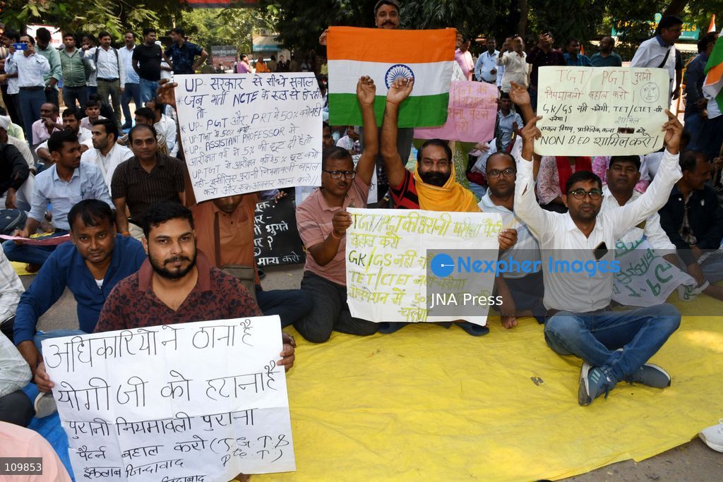 PRAYAGRAJ, INDIA - OCTOBER 27, 2026: Candidates in the PGT-TGT teacher recruitment process staged a protest at the Directorate of Education in Prayagraj to press for their demands. They are seeking the opportunity to take part in the recruitment process under the old set of rules. (Photo by Saurabh Kumar/JNA Press via Nexpher Images)