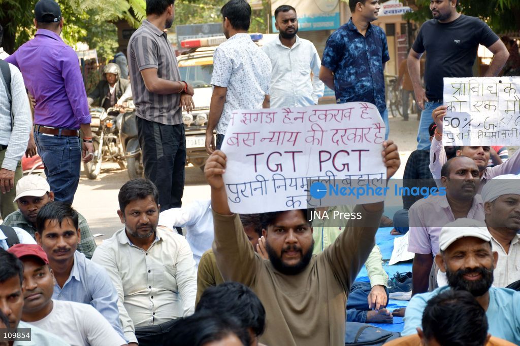 PRAYAGRAJ, INDIA - OCTOBER 27, 2026: Candidates in the PGT-TGT teacher recruitment process staged a protest at the Directorate of Education in Prayagraj to press for their demands. They are seeking the opportunity to take part in the recruitment process under the old set of rules. (Photo by Saurabh Kumar/JNA Press via Nexpher Images)