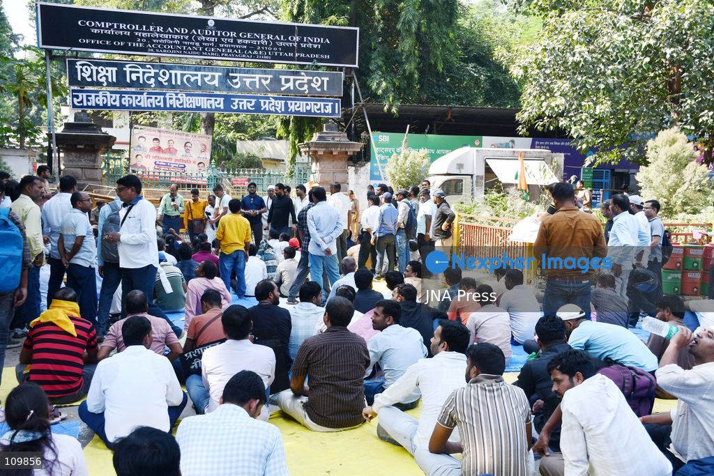 PRAYAGRAJ, INDIA - OCTOBER 27, 2026: Candidates in the PGT-TGT teacher recruitment process staged a protest at the Directorate of Education in Prayagraj to press for their demands. They are seeking the opportunity to take part in the recruitment process under the old set of rules. (Photo by Saurabh Kumar/JNA Press via Nexpher Images)