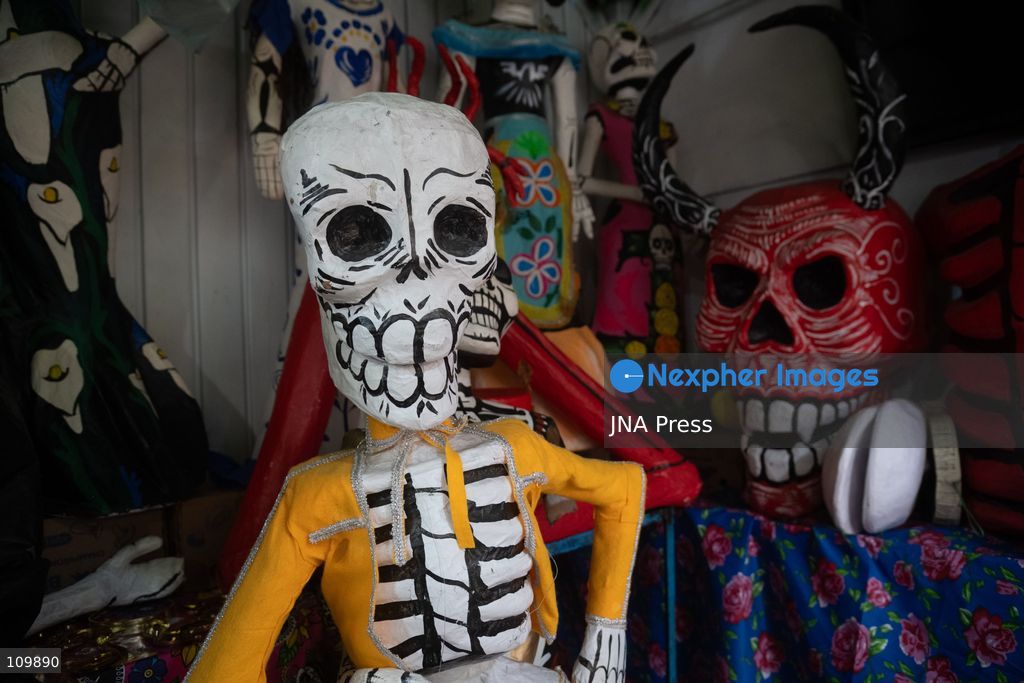 MEXICO CITY, MEXICO - OCTOBER 26, 2026: Cempasúchil flowers and cardboard skulls are displayed for sale at the Jamaica Market in Mexico City ahead of Day of the Dead, to be used to decorate altars. (Photo by Marco Tulio gonzalez rodriguez/JNA Press via Nexpher Images)