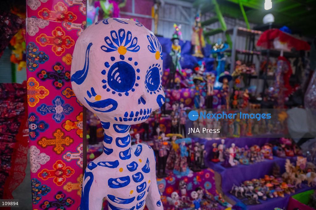 MEXICO CITY, MEXICO - OCTOBER 26, 2026: Cempasúchil flowers and cardboard skulls are displayed for sale at the Jamaica Market in Mexico City ahead of Day of the Dead, to be used to decorate altars. (Photo by Marco Tulio gonzalez rodriguez/JNA Press via Nexpher Images)