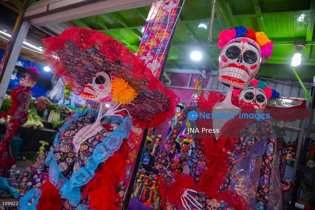 TOP PICS - MEXICO CITY, MEXICO - OCTOBER 26, 2026: Cempasúchil flowers and cardboard skulls are displayed for sale at the Jamaica Market in Mexico City ahead of Day of the Dead, to be used to decorate altars. (Photo by Marco Tulio gonzalez rodriguez/JNA Press via Nexpher Images)
