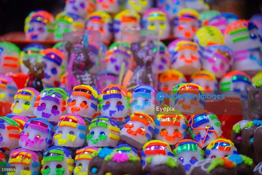 Stalls display traditional sugar and chocolate skulls (calaveras de dulce y chocolate) for sale ahead of the upcoming Day of the Dead (Dia de Muertos) celebrations at the Jamaica Market on October 26, 2026 in Mexico City, Mexico. The traditional market experiences a massive influx of shoppers sourcing flowers, incense, sugar skulls, and altar decorations to honor their deceased loved ones ahead of the annual holiday celebrated on November 1 and 2. (Photo by Marko Gonzalez/ Eyepix Group/Eyepix via Nexpher Images)