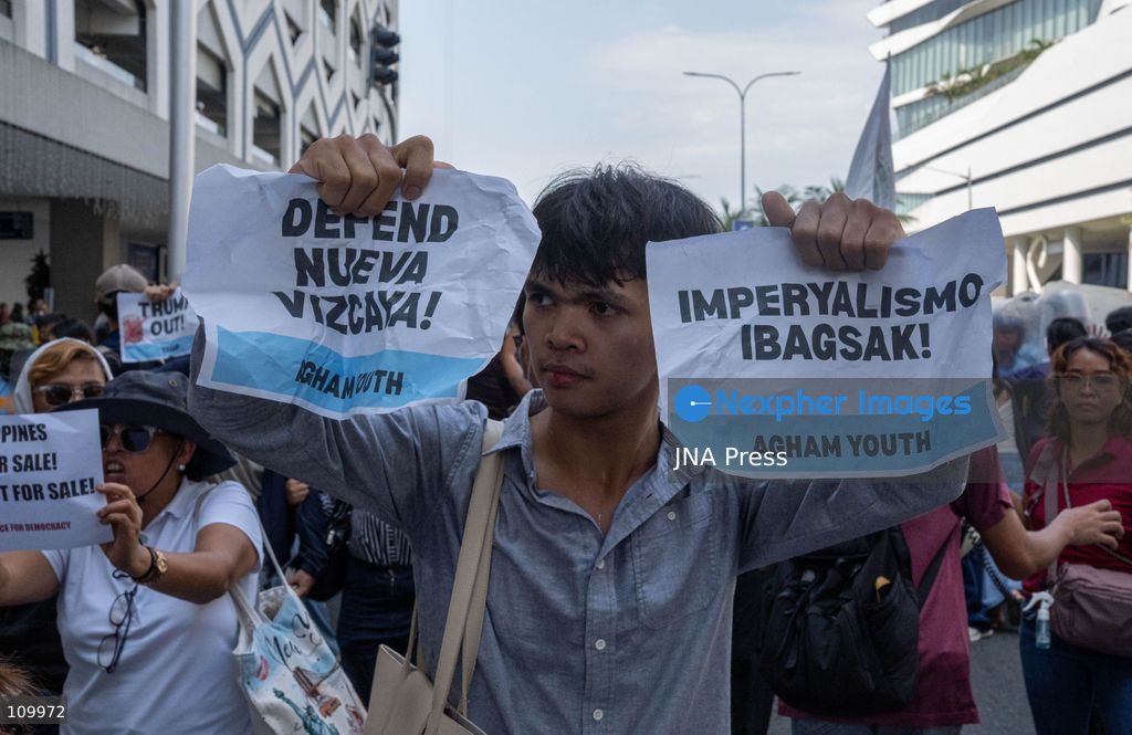 PASAY CITY, PHILIPPINES, OCTOBER 27, 2026: Environmental activists protest against Executive Order 122 and the US-led Pax Silica initiative during the Mining Philippines 2026 conference in Pasay City. Demonstrators call for the order’s repeal, warning that expanded mineral extraction threatens the environment and local communities. The order designates critical mineral projects as national priorities and accelerates the privatization of government-owned critical mineral mining assets. (Photo by Charles Edmon S. Perez/JNA Press via Nexpher Images)