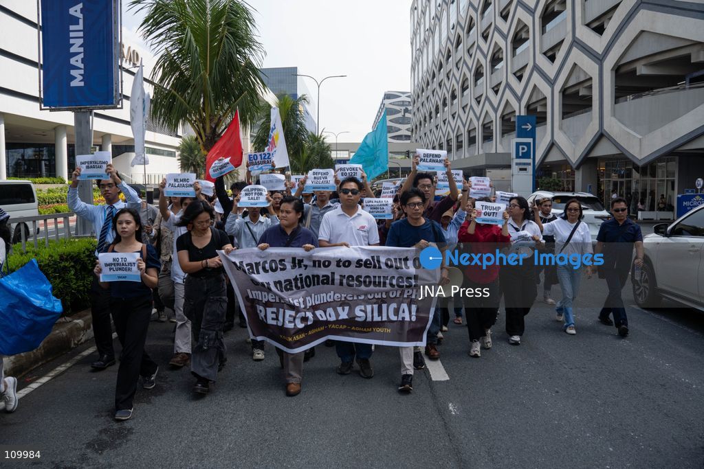 PASAY CITY, PHILIPPINES, OCTOBER 27, 2026: Environmental activists protest against Executive Order 122 and the US-led Pax Silica initiative during the Mining Philippines 2026 conference in Pasay City. Demonstrators call for the order’s repeal, warning that expanded mineral extraction threatens the environment and local communities. The order designates critical mineral projects as national priorities and accelerates the privatization of government-owned critical mineral mining assets. (Photo by Charles Edmon S. Perez/JNA Press via Nexpher Images)