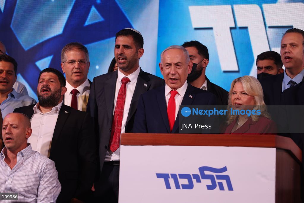 WEST JERUSALEM, OCTOBER 28, 2026: Israeli Prime Minister and Likud party leader Benjamin Netanyahu addresses supporters at the party’s election headquarters in West Jerusalem following the release of exit polls and preliminary results from Israel’s parliamentary elections held on October 27. (Photo by Saeed Qaq/JNA Press via Nexpher Images)