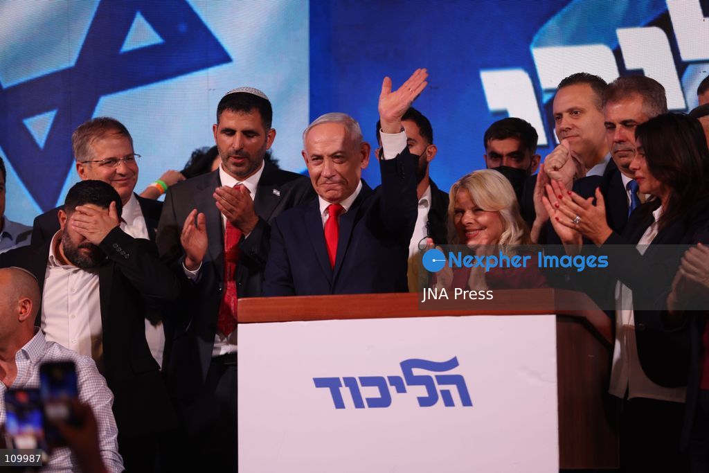 WEST JERUSALEM, OCTOBER 28, 2026: Israeli Prime Minister and Likud party leader Benjamin Netanyahu addresses supporters at the party’s election headquarters in West Jerusalem following the release of exit polls and preliminary results from Israel’s parliamentary elections held on October 27. (Photo by Saeed Qaq/JNA Press via Nexpher Images)