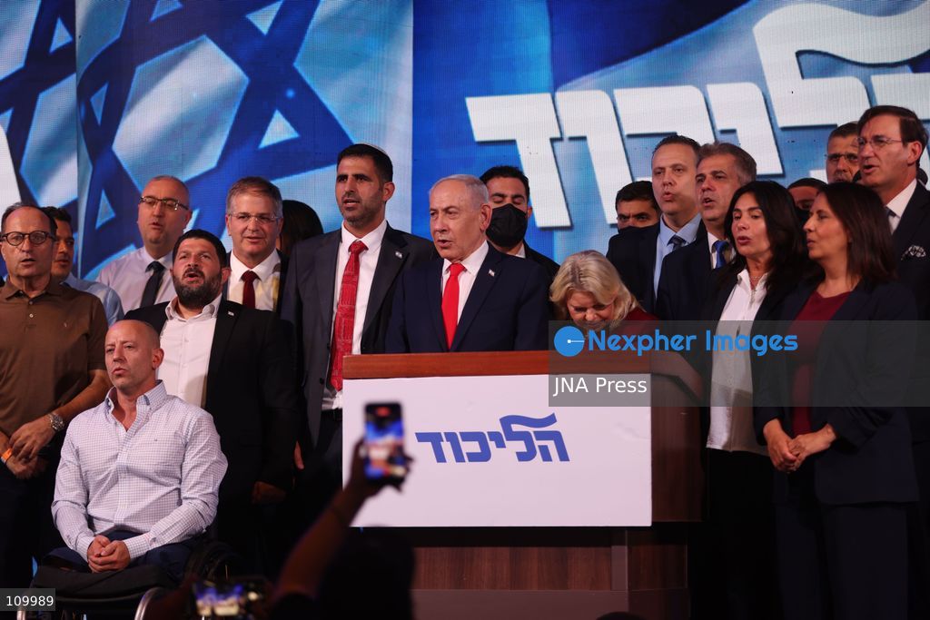 WEST JERUSALEM, OCTOBER 28, 2026: Israeli Prime Minister and Likud party leader Benjamin Netanyahu addresses supporters at the party’s election headquarters in West Jerusalem following the release of exit polls and preliminary results from Israel’s parliamentary elections held on October 27. (Photo by Saeed Qaq/JNA Press via Nexpher Images)