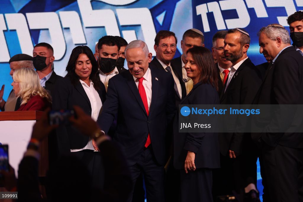 WEST JERUSALEM, OCTOBER 28, 2026: Israeli Prime Minister and Likud party leader Benjamin Netanyahu addresses supporters at the party’s election headquarters in West Jerusalem following the release of exit polls and preliminary results from Israel’s parliamentary elections held on October 27. (Photo by Saeed Qaq/JNA Press via Nexpher Images)