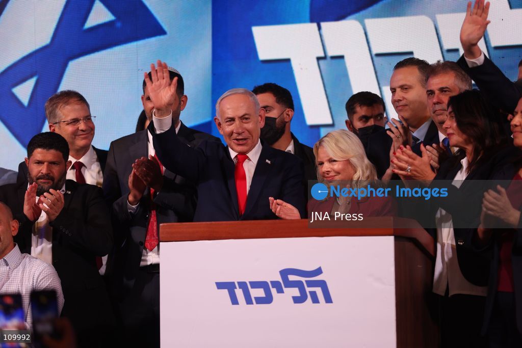 WEST JERUSALEM, OCTOBER 28, 2026: Israeli Prime Minister and Likud party leader Benjamin Netanyahu addresses supporters at the party’s election headquarters in West Jerusalem following the release of exit polls and preliminary results from Israel’s parliamentary elections held on October 27. (Photo by Saeed Qaq/JNA Press via Nexpher Images)