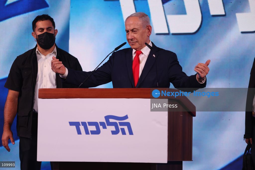 WEST JERUSALEM, OCTOBER 28, 2026: Israeli Prime Minister and Likud party leader Benjamin Netanyahu addresses supporters at the party’s election headquarters in West Jerusalem following the release of exit polls and preliminary results from Israel’s parliamentary elections held on October 27. (Photo by Saeed Qaq/JNA Press via Nexpher Images)