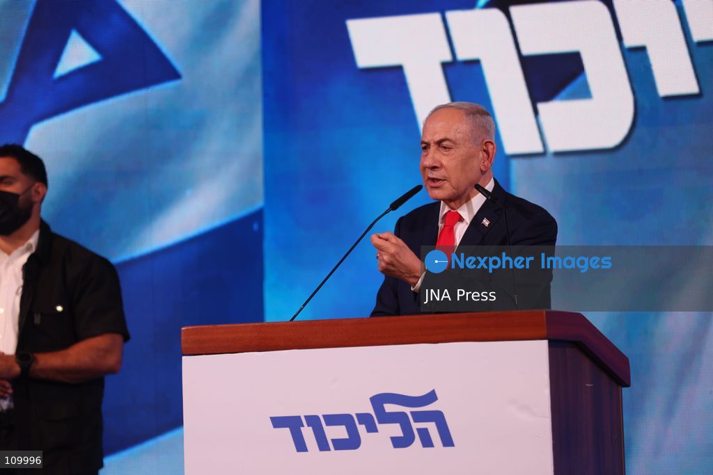 WEST JERUSALEM, OCTOBER 28, 2026: Israeli Prime Minister and Likud party leader Benjamin Netanyahu addresses supporters at the party’s election headquarters in West Jerusalem following the release of exit polls and preliminary results from Israel’s parliamentary elections held on October 27. (Photo by Saeed Qaq/JNA Press via Nexpher Images)