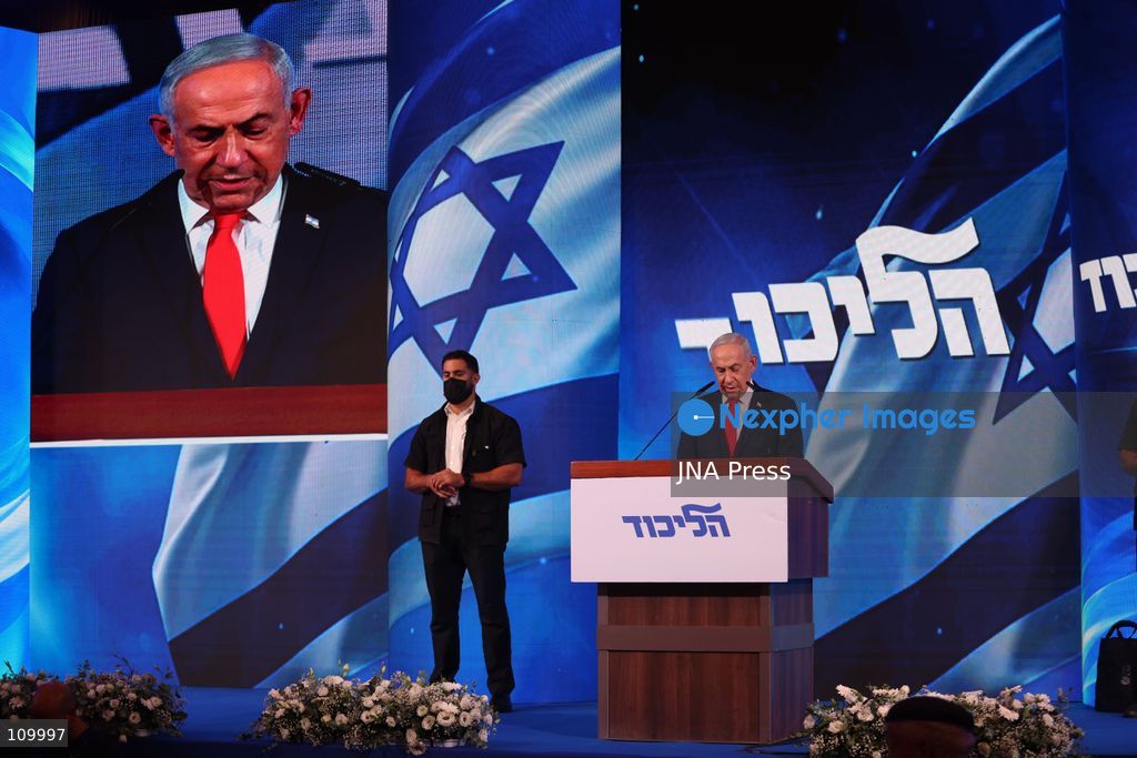 WEST JERUSALEM, OCTOBER 28, 2026: Israeli Prime Minister and Likud party leader Benjamin Netanyahu addresses supporters at the party’s election headquarters in West Jerusalem following the release of exit polls and preliminary results from Israel’s parliamentary elections held on October 27. (Photo by Saeed Qaq/JNA Press via Nexpher Images)