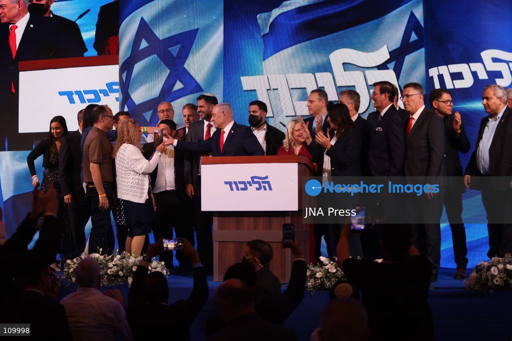 WEST JERUSALEM, OCTOBER 28, 2026: Israeli Prime Minister and Likud party leader Benjamin Netanyahu addresses supporters at the party’s election headquarters in West Jerusalem following the release of exit polls and preliminary results from Israel’s parliamentary elections held on October 27. (Photo by Saeed Qaq/JNA Press via Nexpher Images)
