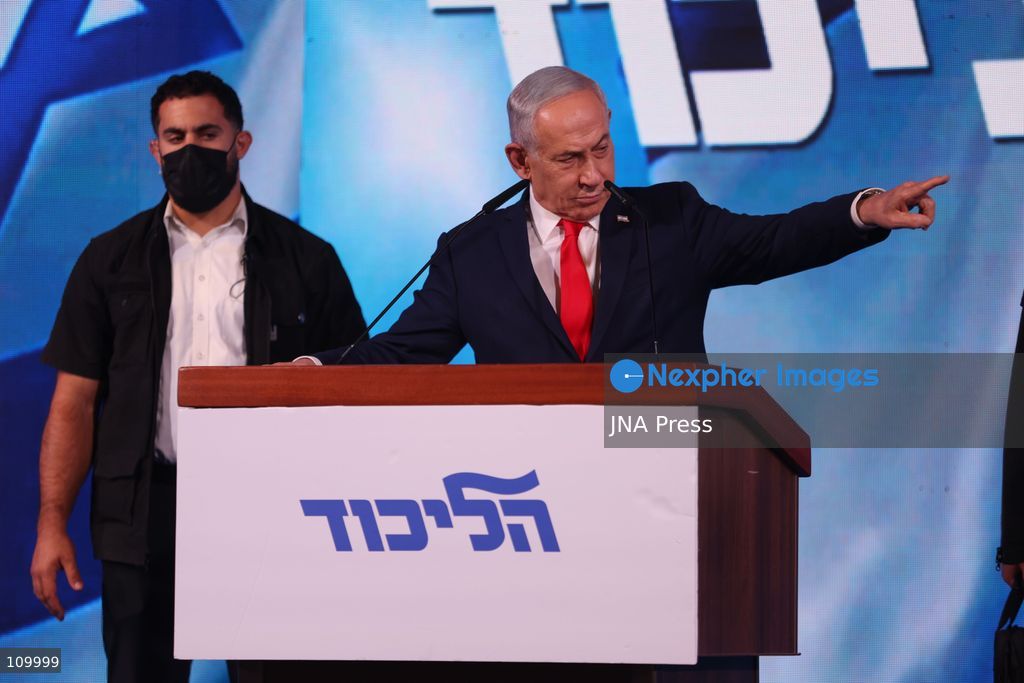 WEST JERUSALEM, OCTOBER 28, 2026: Israeli Prime Minister and Likud party leader Benjamin Netanyahu addresses supporters at the party’s election headquarters in West Jerusalem following the release of exit polls and preliminary results from Israel’s parliamentary elections held on October 27. (Photo by Saeed Qaq/JNA Press via Nexpher Images)