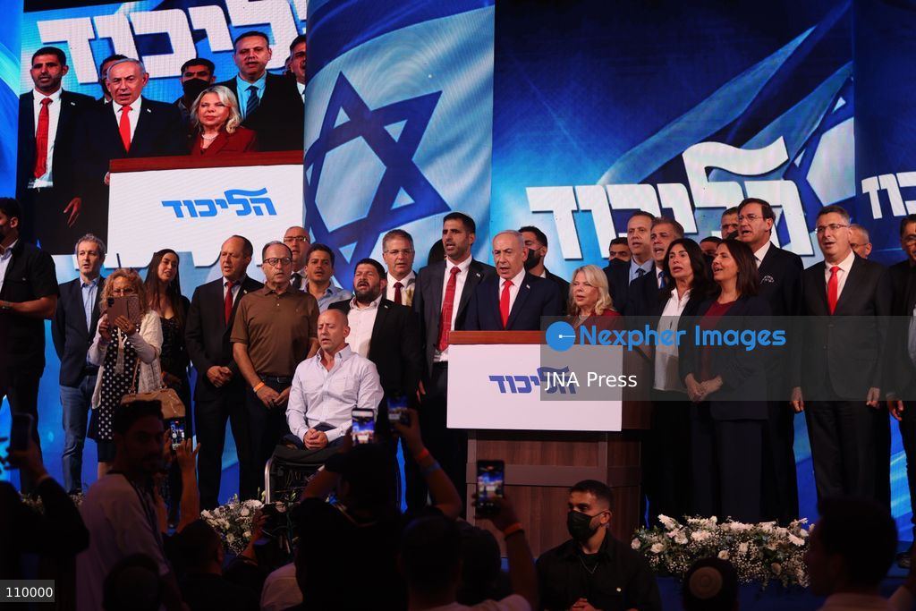 WEST JERUSALEM, OCTOBER 28, 2026: Israeli Prime Minister and Likud party leader Benjamin Netanyahu addresses supporters at the party’s election headquarters in West Jerusalem following the release of exit polls and preliminary results from Israel’s parliamentary elections held on October 27. (Photo by Saeed Qaq/JNA Press via Nexpher Images)