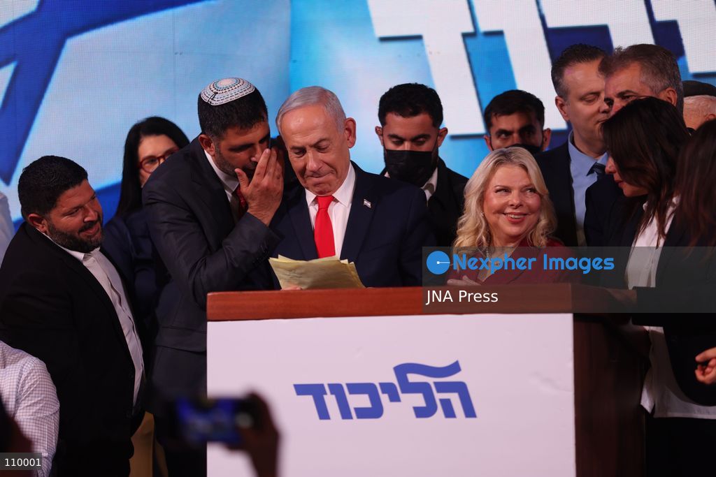 WEST JERUSALEM, OCTOBER 28, 2026: Israeli Prime Minister and Likud party leader Benjamin Netanyahu addresses supporters at the party’s election headquarters in West Jerusalem following the release of exit polls and preliminary results from Israel’s parliamentary elections held on October 27. (Photo by Saeed Qaq/JNA Press via Nexpher Images)
