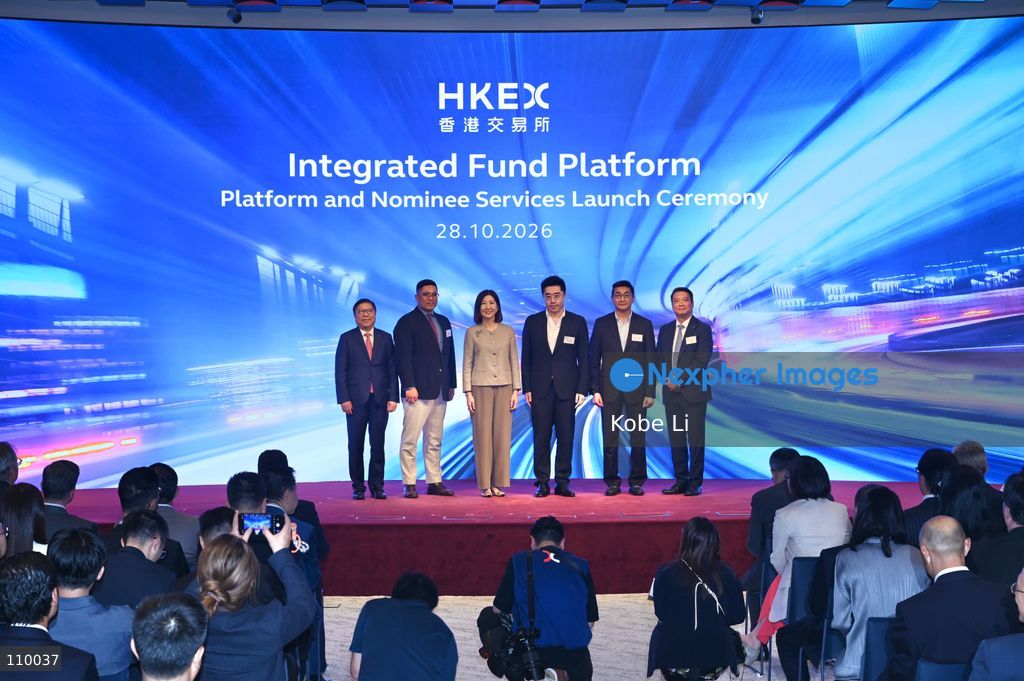 Christopher Hui, Secretary for Financial Services and the Treasury of Hong Kong, Bonnie Yiting Chan, CEO of Hong Kong Exchanges and Clearing Limited, posing photo at Integrated Fund Platform Services Launch Ceremony on October 28, 2026 in Hong Kong. (Photo by Kobe Li/Nexpher Images)