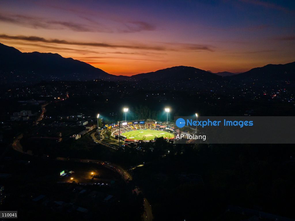KATHMANDU, NEPAL – OCTOBER 27, 2026: An aerial view shows the cricket match of Season 3 of the Nepal Premier League (NPL) at Tribhuvan University International Cricket Stadium in Kirtipur, Kathmandu, Nepal. (Photo by AP Tolang/Nexpher Images)