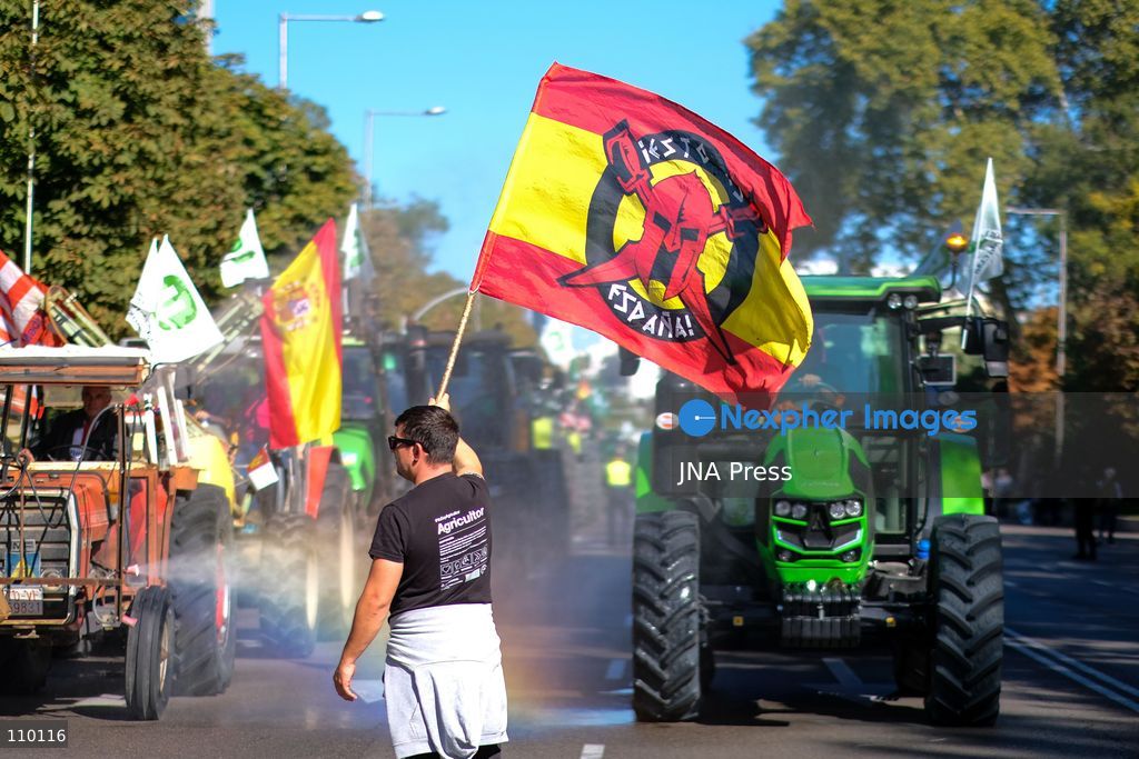 MADRID, SPAIN, OCTOBER 28, 2026: Farmers take part in a tractor protest in Madrid, demanding urgent measures to address rising production costs and declining farm profitability. Organized by agricultural groups ASAJA, COAG and Unión de Uniones, the demonstration calls for fair prices, reduced bureaucracy and stronger support for the farming sector. (Photo by Antonio Navia/JNA Press via Nexpher Images)