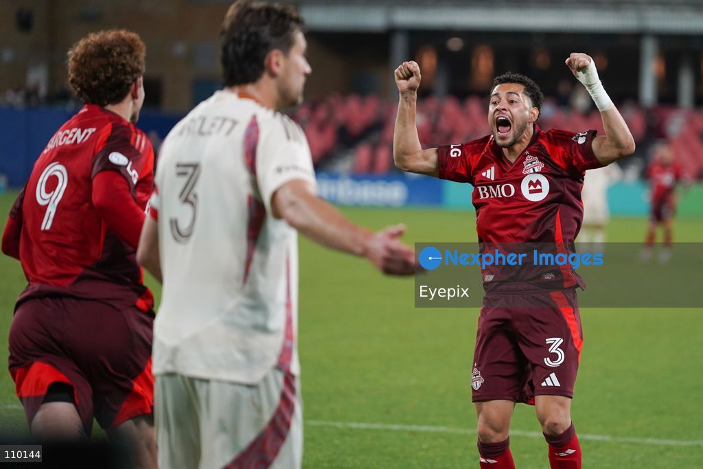 Matheus Pereira #03 of Toronto FC is celebrating after Josh Sargent #09 of Toronto FC scoring a goal during the Major League Soccer Match between Toronto FC and DC United at BMO Field Stadium. on October 28, 2026 in Toronto, Canada. (Photo by Leonardo Ramirez / Eyepix Group/Eyepix via Nexpher Images)