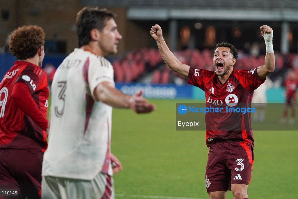 Matheus Pereira #03 of Toronto FC is celebrating after Josh Sargent #09 of Toronto FC scoring a goal during the Major League Soccer Match between Toronto FC and DC United at BMO Field Stadium. on October 28, 2026 in Toronto, Canada. (Photo by Leonardo Ramirez / Eyepix Group/Eyepix via Nexpher Images)