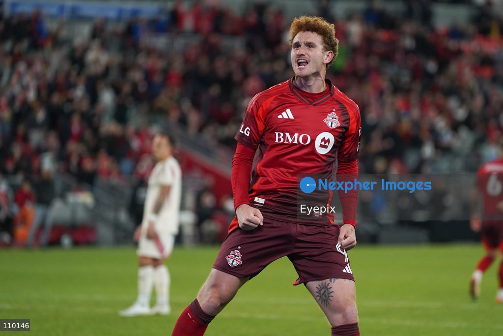 Josh Sargent #09 of Toronto FC is celebrating after scoring a goal and tie the game during the Major League Soccer Match between Toronto FC and DC United at BMO Field Stadium. on October 28, 2026 in Toronto, Canada. (Photo by Leonardo Ramirez / Eyepix Group/Eyepix via Nexpher Images)