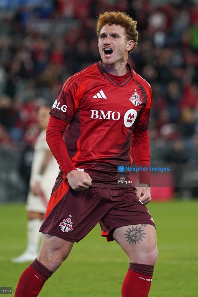 Josh Sargent #09 of Toronto FC is celebrating after scoring a goal and tie the game during the Major League Soccer Match between Toronto FC and DC United at BMO Field Stadium. on October 28, 2026 in Toronto, Canada. (Photo by Leonardo Ramirez / Eyepix Group/Eyepix via Nexpher Images)