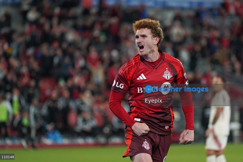 Josh Sargent #09 of Toronto FC is celebrating after scoring a goal and tie the game during the Major League Soccer Match between Toronto FC and DC United at BMO Field Stadium. on October 28, 2026 in Toronto, Canada. (Photo by Leonardo Ramirez / Eyepix Group/Eyepix via Nexpher Images)