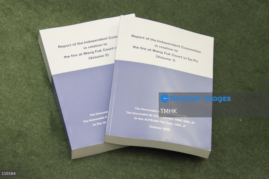 A general view of the English-language hard copy of the Independent Committee's report on the Wang Fuk Court fire in Tai Po, Hong Kong, on October 29, 2026. The report examines the deadly fire that claimed 168 lives in November 2025 and recommends reforms to building maintenance supervision and fire safety regulations. (Photo by Gordon Choi/TMHK via Nexpher Images)