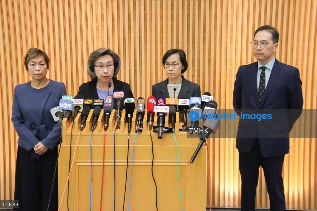 Hong Kong Secretary for the Civil Service Ingrid Yeung Ho Poi-yan, Public Service Commission Chairman Maisie Cheng Mei-sze, and Commission members Ann Kung Yeung Yun-chi and Adrian Wong Koon-man attend a press conference on administrative accountability investigations relating to the deadly Wang Fuk Court fire at the Central Government Offices in Hong Kong on October 29, 2026. (Photo by Gordon Choi/TMHK via Nexpher Images)