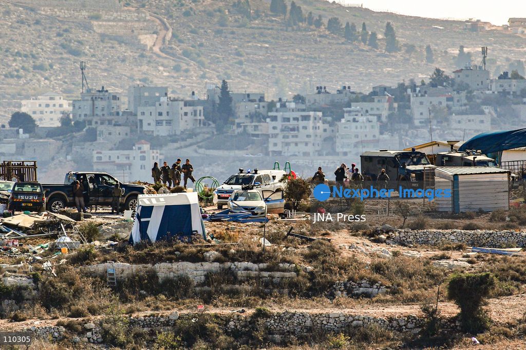 ATARA, PALESTINE, OCTOBER 29, 2026: Israeli forces evacuate an illegal settlement outpost built on land belonging to the Palestinian village of Atara, north of Ramallah in the occupied West Bank, for the third time. According to the information provided, settlers have returned to the site after previous evacuations, expanded the outpost and added new caravans. The repeated evacuations and subsequent returns highlight the ongoing dispute over land in the occupied West Bank and the continued establishment and expansion of Israeli settler outposts on Palestinian-owned land. (Photo by Salman Mohsen Alkhatib/JNA Press via Nexpher Images)