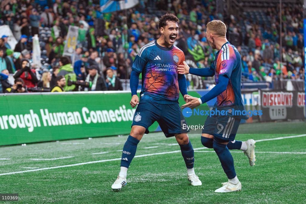 Lucas Halter #5 and Mateusz Bogusz #19 of Houston Dynamo FC celebrate after scoring a goal during the MLS match between Seattle Sounders FC and Houston Dynamo FC at Lumen Field. on October 28, 2026 in Seattle, Washington. (Photo by Jules Doyle / Eyepix Group/Eyepix via Nexpher Images)