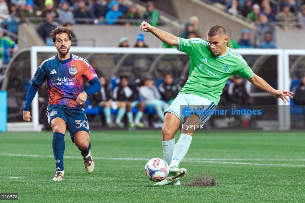 Dejan Joveljić #9 of Seattle Sounders FC shoots the ball during the MLS match between Seattle Sounders FC and Houston Dynamo FC at Lumen Field. on October 28, 2026 in Seattle, Washington. (Photo by Jules Doyle / Eyepix Group/Eyepix via Nexpher Images)