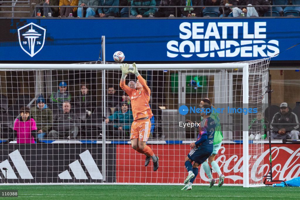 Andrew Thomas #26 of Seattle Sounders FC catches the ball during the MLS match between Seattle Sounders FC and Houston Dynamo FC at Lumen Field. on October 28, 2026 in Seattle, Washington. (Photo by Jules Doyle / Eyepix Group/Eyepix via Nexpher Images)