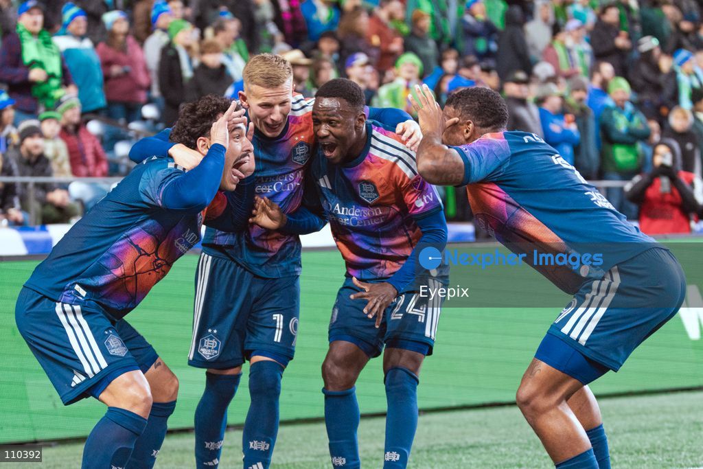 Players of Houston Dynamo FC celebrate after scoring a goal during the MLS match between Seattle Sounders FC and Houston Dynamo FC at Lumen Field. on October 28, 2026 in Seattle, Washington. (Photo by Jules Doyle / Eyepix Group/Eyepix via Nexpher Images)