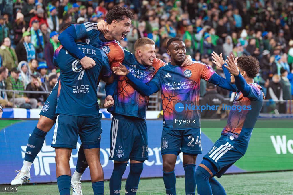 Players of Houston Dynamo FC celebrate after scoring a goal during the MLS match between Seattle Sounders FC and Houston Dynamo FC at Lumen Field. on October 28, 2026 in Seattle, Washington. (Photo by Jules Doyle / Eyepix Group/Eyepix via Nexpher Images)