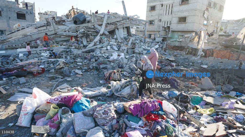 BUREIJ REFUGEE CAMP, PALESTINE, OCTOBER 30, 2026: Rubble covers the site of the al-Qarinawi family’s home following an Israeli airstrike in Bureij refugee camp in the central Gaza Strip. The strike on October 29 destroyed the residential building and caused extensive damage to surrounding homes. (Photo by Ramzi Abu Amer/JNA Press via Nexpher Images)