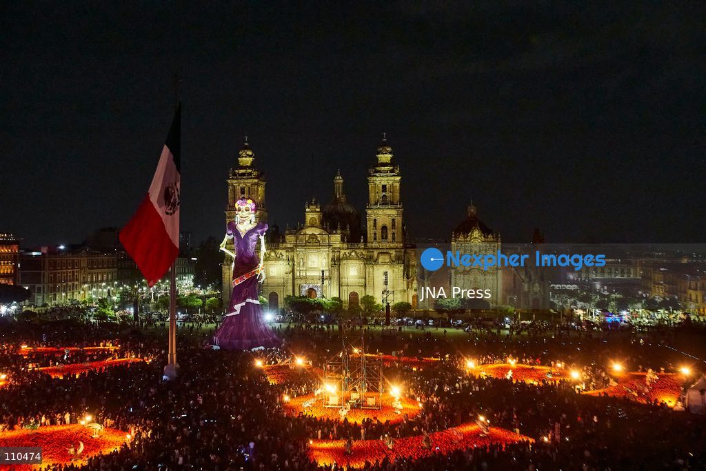 MEXICO CITY, MEXICO - OCTOBER 29, 2026: A massive catrina sculpture stands in the Zócalo plaza ahead of Day of the Dead festivities. Organizers state the 33-meter installation has set a Guinness World Record for the tallest catrina, alongside traditional "ofrendas" and decorative lighting. (Photo by Juan Perez Puente/JNA Press via Nexpher Images)