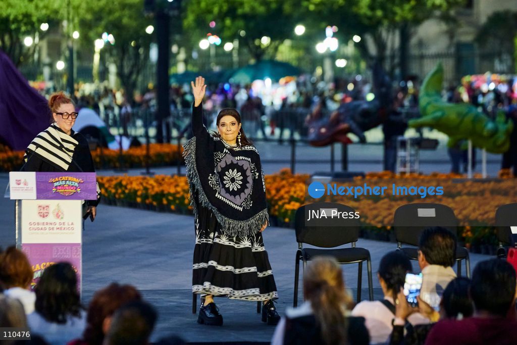 MEXICO CITY, MEXICO - OCTOBER 29, 2026: A massive catrina sculpture stands in the Zócalo plaza ahead of Day of the Dead festivities. Organizers state the 33-meter installation has set a Guinness World Record for the tallest catrina, alongside traditional "ofrendas" and decorative lighting. (Photo by Juan Perez Puente/JNA Press via Nexpher Images)