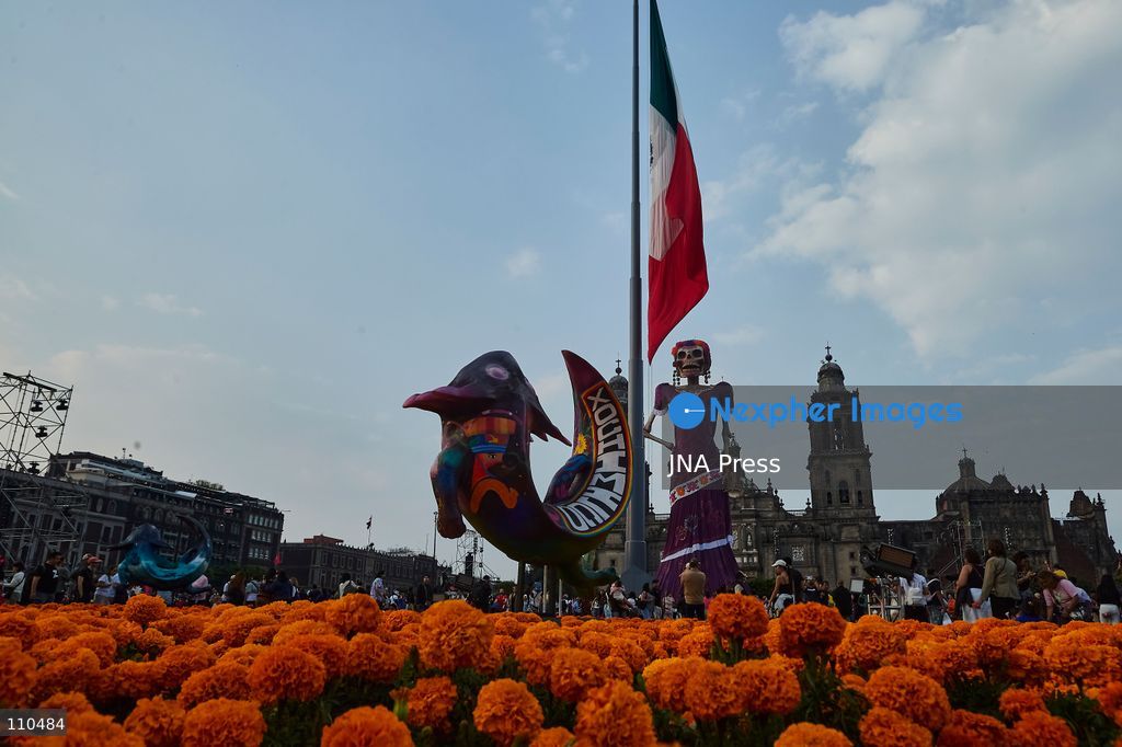 MEXICO CITY, MEXICO - OCTOBER 29, 2026: A massive catrina sculpture stands in the Zócalo plaza ahead of Day of the Dead festivities. Organizers state the 33-meter installation has set a Guinness World Record for the tallest catrina, alongside traditional "ofrendas" and decorative lighting. (Photo by Juan Perez Puente/JNA Press via Nexpher Images)