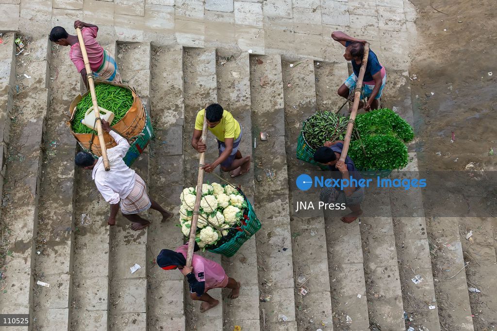 CHATTOGRAM, BANGLADESH - OCTOBER 30, 2026: Workers carry baskets of freshly harvested cauliflower and other vegetables on bamboo poles from a riverside landing area to the wholesale market in Dohazari, Chandanaish, Chattogram. The market sits on the bank of the Sangu River, where farmers bring vegetables by boat from nearby agricultural areas. (Photo by Sohel Chowdhury/JNA Press via Nexpher Images)