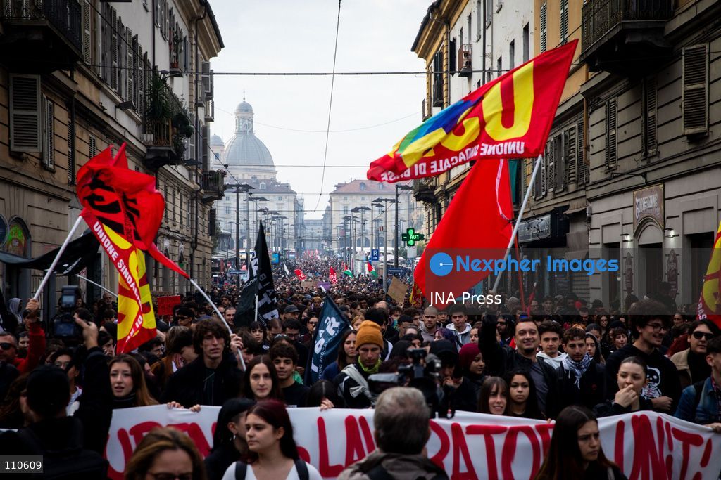 TURIN, ITALY - OCTOBER 30, 2026: Students and workers march through Turin during the general strike. Clashes broke out with police in Piazza Castello. (Photo by Luca Roggero/JNA Press via Nexpher Images)