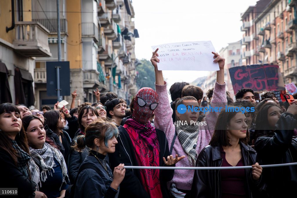 TURIN, ITALY - OCTOBER 30, 2026: Students and workers march through Turin during the general strike. Clashes broke out with police in Piazza Castello. (Photo by Luca Roggero/JNA Press via Nexpher Images)